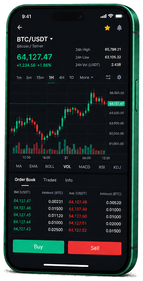 Application mobile Rentecto — graphique BTC/USDT en direct, carnet d’ordres et outils de trading